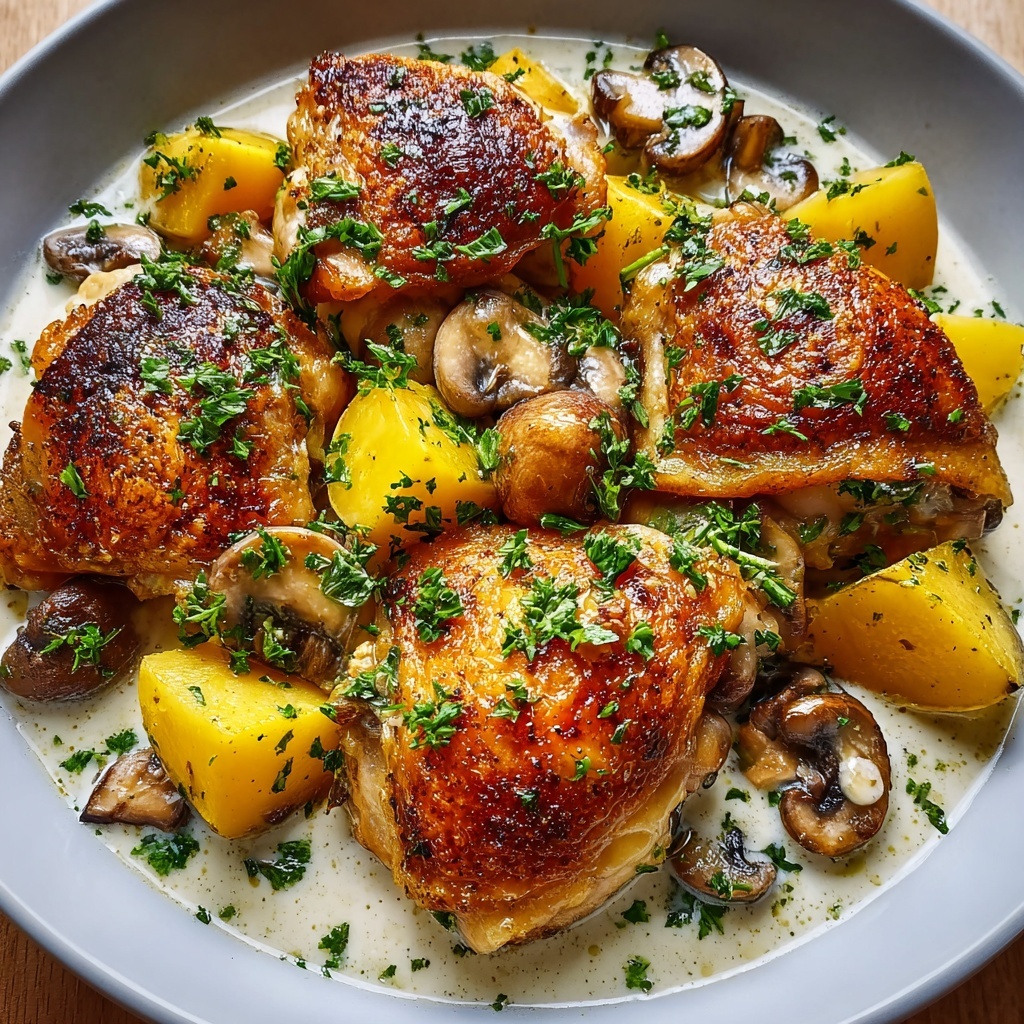 Herb Roasted Chicken with Creamy Mushroom and Potatoes Recipe - Recipe Image