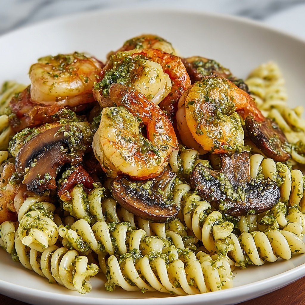 Pesto Shrimp Mushroom Pasta Recipe - Recipe Image