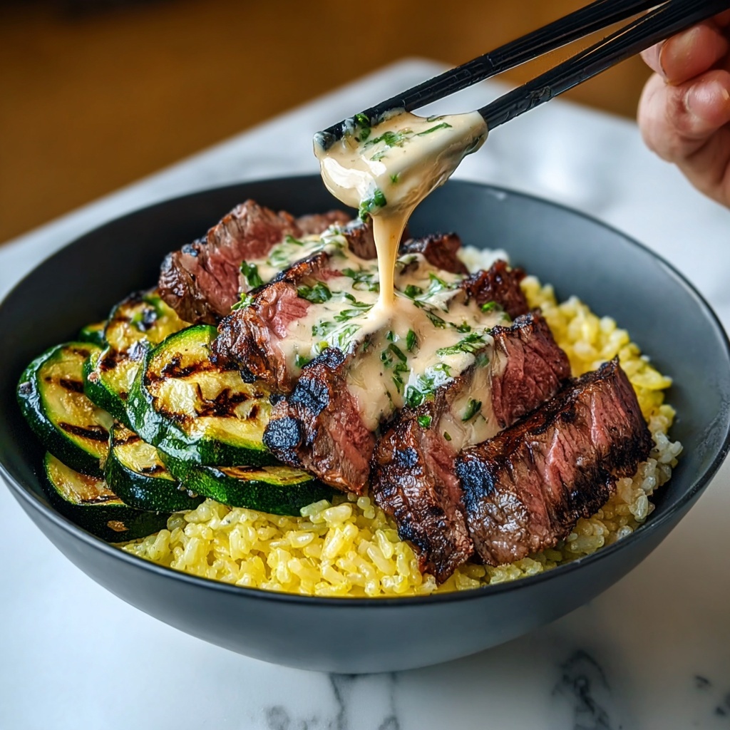 Grilled Steak Bowl with Creamy Dill Sauce and Zucchini Recipe - Recipe Image