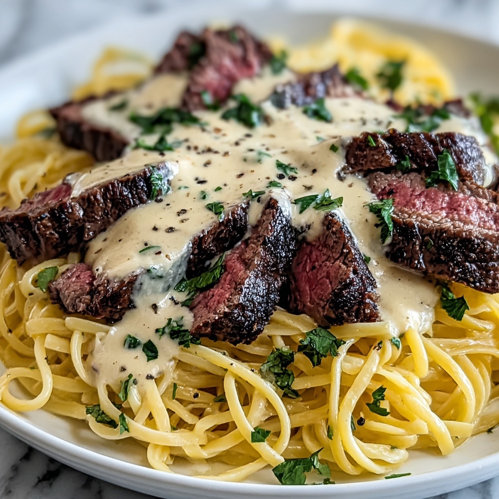 Savory Steak Gorgonzola Alfredo with Creamy Parmesan Sauce Recipe - Recipe Image