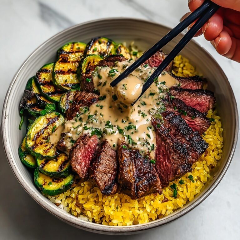 Grilled Steak Bowl with Creamy Dill Sauce and Zucchini Recipe