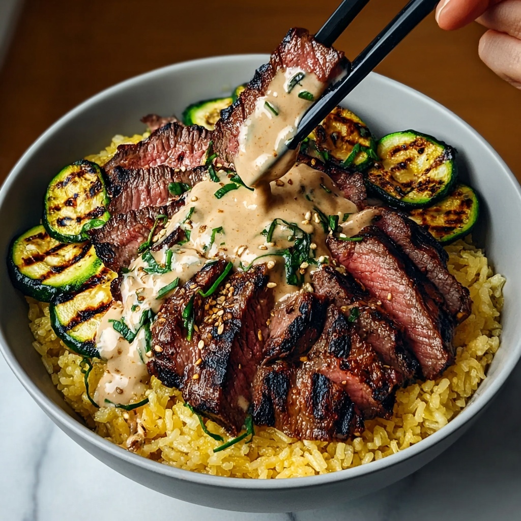 Grilled Steak Bowl with Creamy Dill Sauce and Zucchini Recipe - Recipe Image